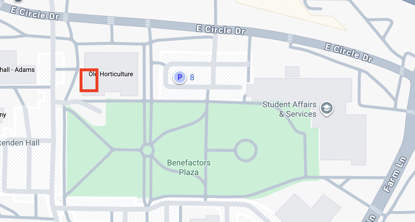 map of MSU campus zoomed in at E CIicle Drive with red bix on Old Horticulture Building showing location of LEADR