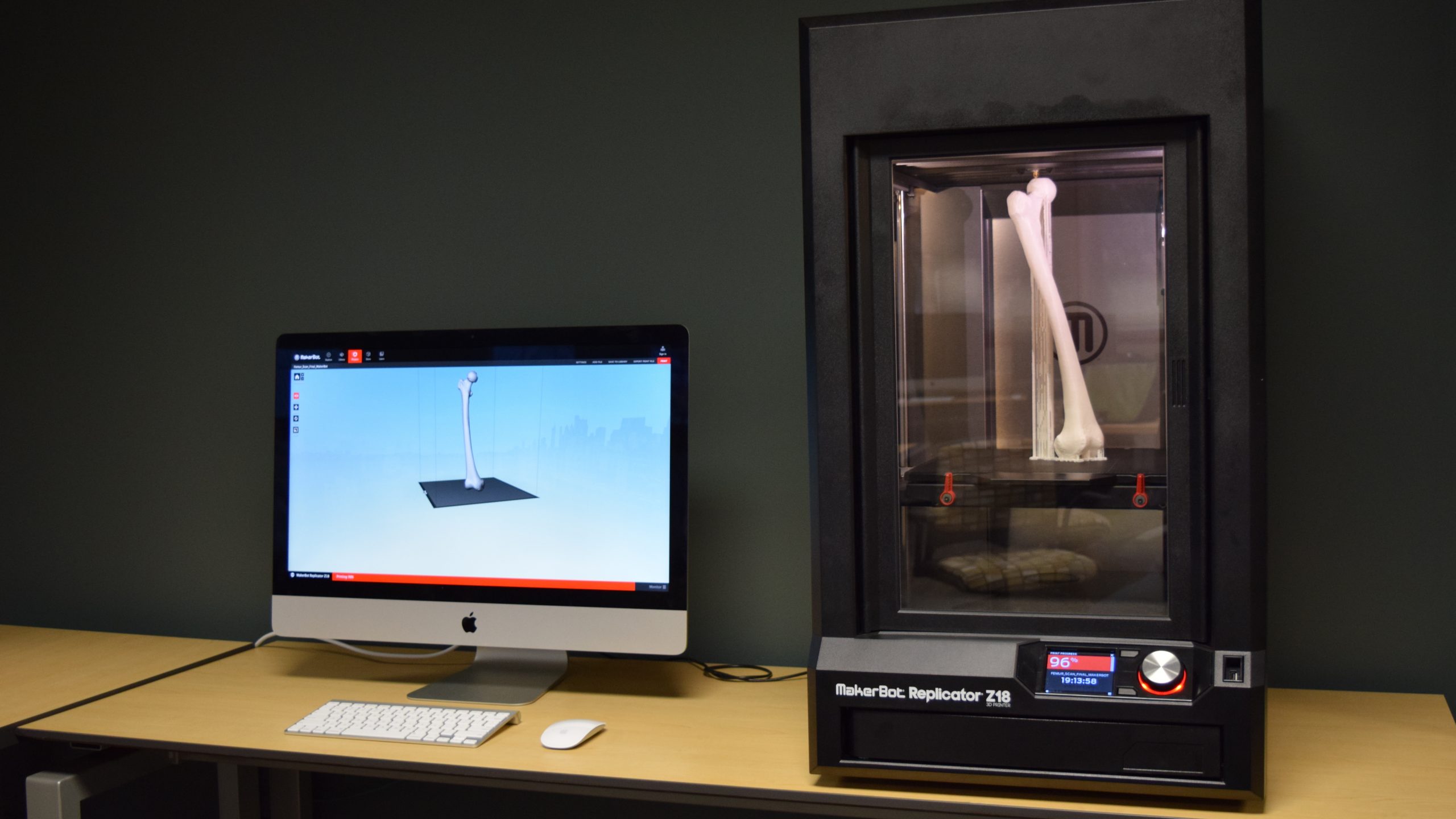 img of mac desktop with 3d model of bone on screen and 3d printer to thr right with 3d printed bone inside